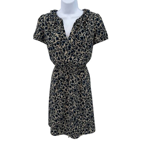 Ann Taylor LOFT Tan/Blue/Black Knee Length Floral Dress WMNS M Ruffle Tie Neck - Picture 2 of 12